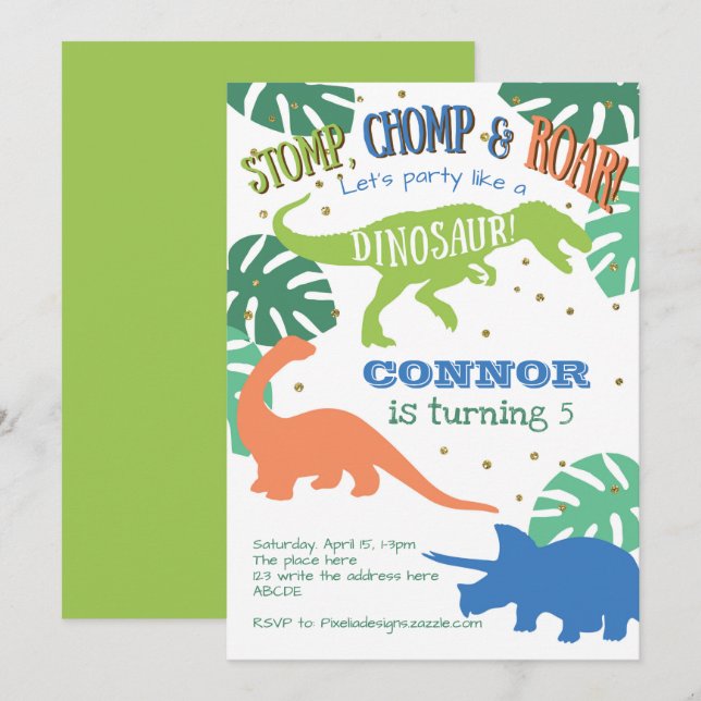 Invitación Cumpleaños de los dinosaurios, Verde, Azul, Niño (Anverso / Reverso)