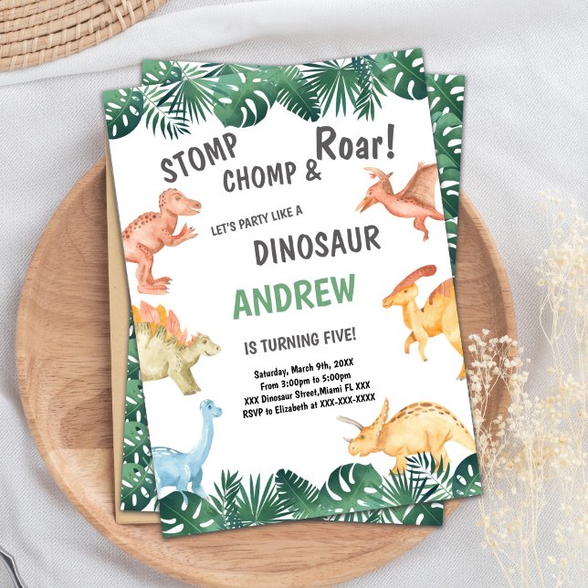 Invitación Cumpleaños de los dinosaurios verdes y marrones ed (Green Brown Dinosaur Birthday Invitations)