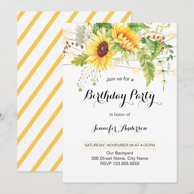 Invitación Cumpleaños de los girasoles (Anverso / Reverso)