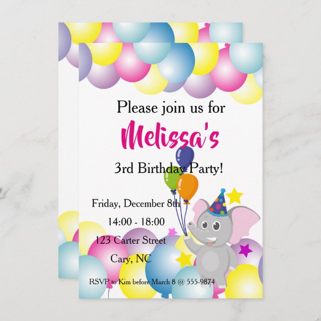 Invitación cumpleaños de los globos de elefantes para bebés (Anverso / Reverso)