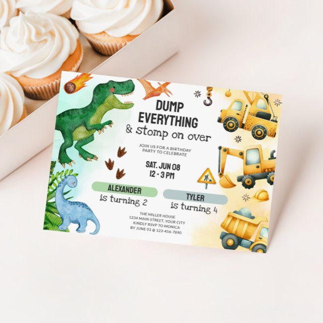 Invitación Cumpleaños de los hermanos de la construcción y lo (Joint Dinosaur & Constructions Birthday Invite)