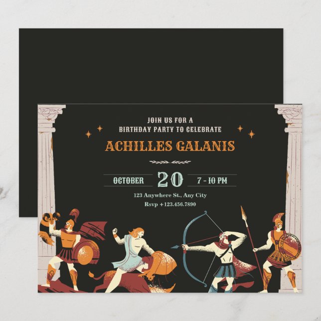 Invitación Cumpleaños de los héroes de la mitología (Anverso / Reverso)