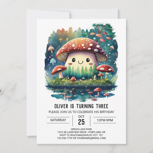 Invitación Cumpleaños de los hongos de la Selva de Acuarela (Anverso)