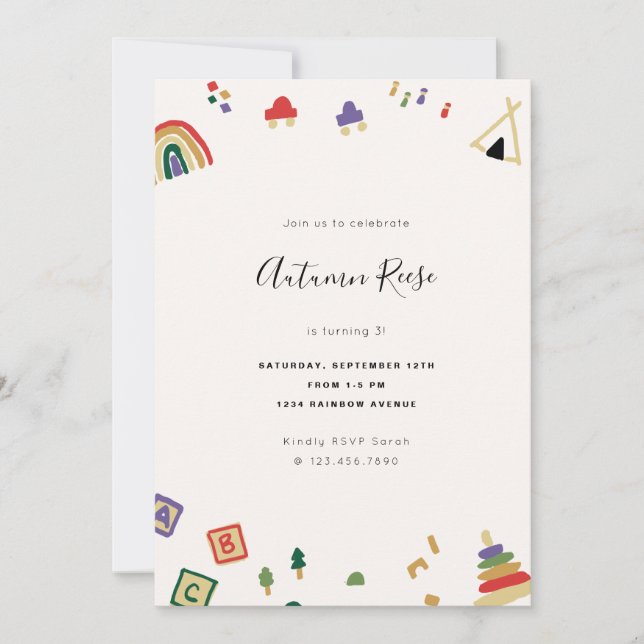 Invitación Cumpleaños de los Jóvenes Juguetes de Madera (Anverso)