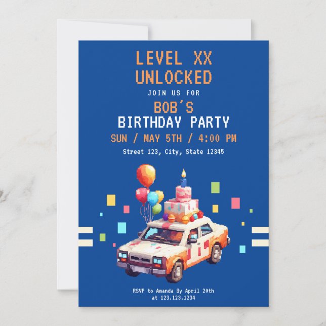 Invitación Cumpleaños de los juegos de autos Pixel Blue & Nar (Anverso)