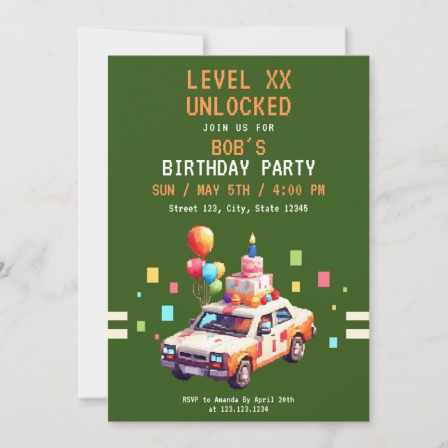 Invitación Cumpleaños de los juegos de autos Pixel Green & Na (Anverso)