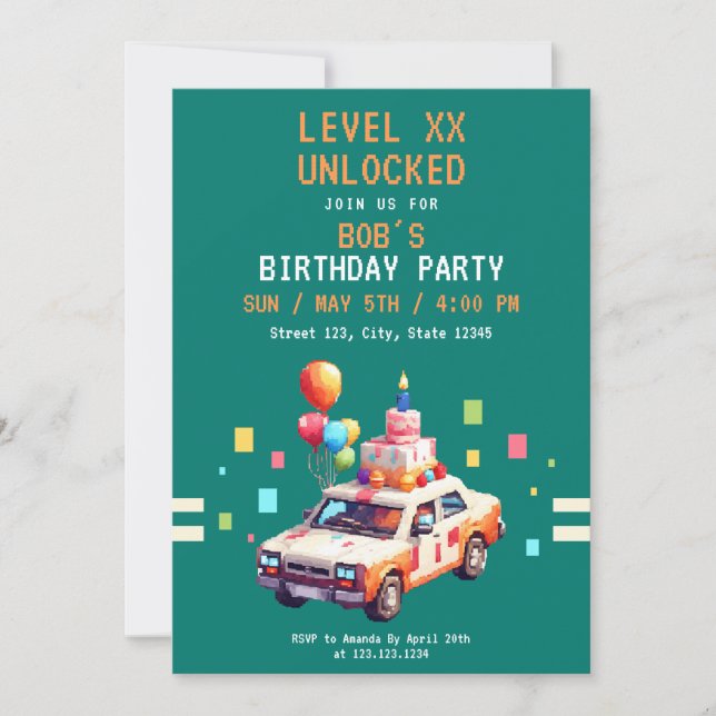 Invitación Cumpleaños de los juegos de autos Pixel Verde azul (Anverso)