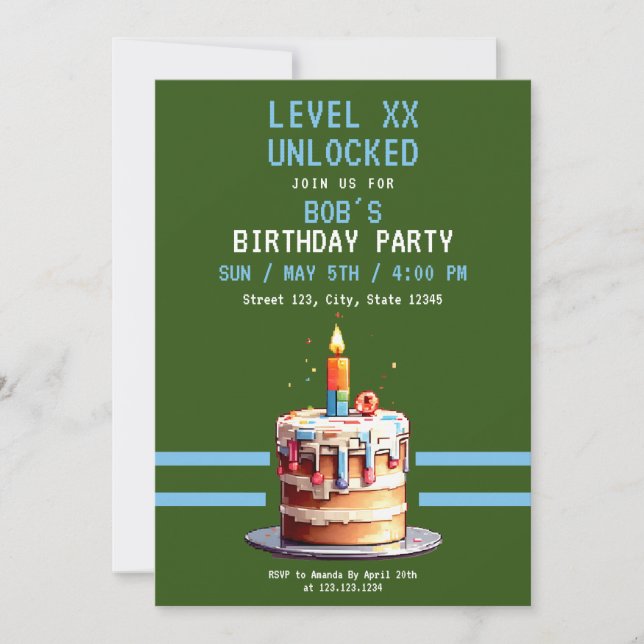 Invitación Cumpleaños de los Juegos de Pasteles Azules y Verd (Anverso)