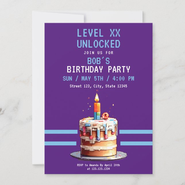 Invitación Cumpleaños de los Juegos de Pasteles Pixel Morado  (Anverso)