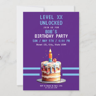Invitación Cumpleaños de los Juegos de Pasteles Pixel Morado 