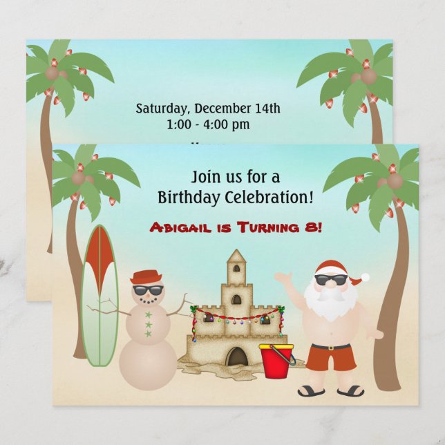 Invitación Cumpleaños de los Navidades de la Cute Santa Beach (Anverso / Reverso)