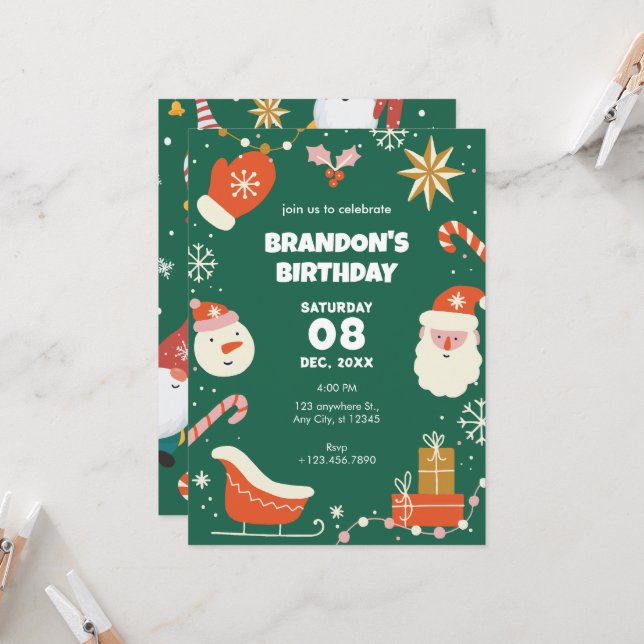 Invitación cumpleaños de los Navidades Green Fun (Anverso/Reverso In Situ)