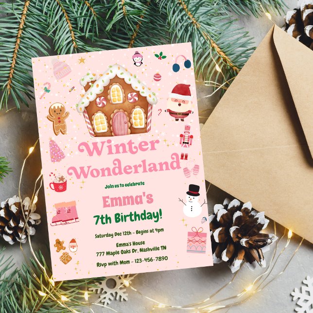 Invitación Cumpleaños de los Navidades rosados de Winter Wond (Subido por el creador)