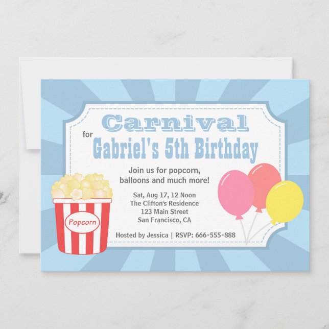Invitación Cumpleaños de los niños - Carnaval con palomitas d (Anverso)