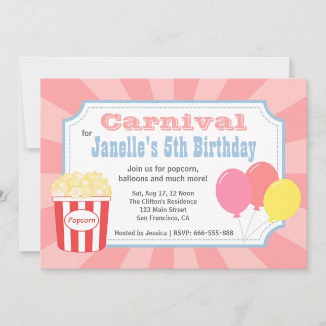 Invitación Cumpleaños de los niños - carnaval con palomitas y (Anverso)