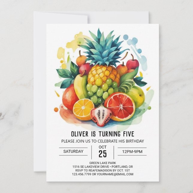 Invitación Cumpleaños de los niños con frutas extravagantes d (Anverso)