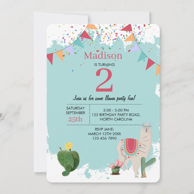 Invitación Cumpleaños de los niños de Cute Fiesta Llama y Cac (Anverso)