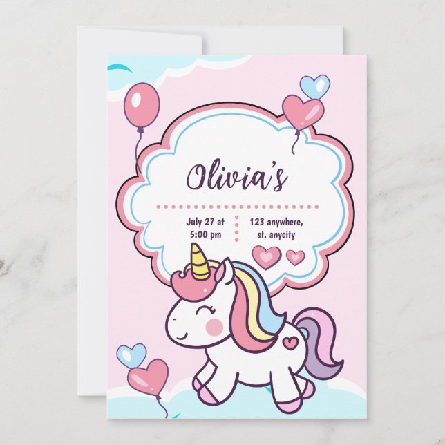 Invitación Cumpleaños de los niños de Cute Purple Unicorn (Anverso)