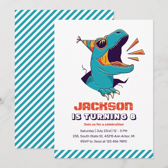 Invitación cumpleaños de los niños de Guay T-Rex Dinosaur (Anverso / Reverso)