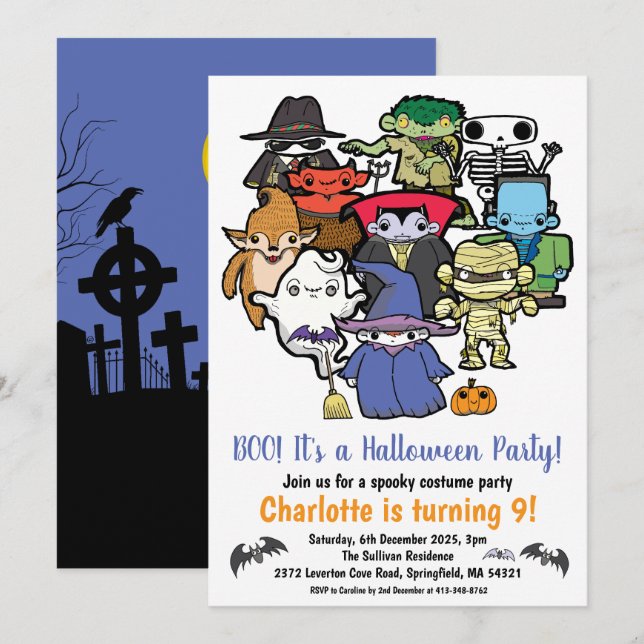 Invitación Cumpleaños de los Niños de Halloween (Anverso / Reverso)