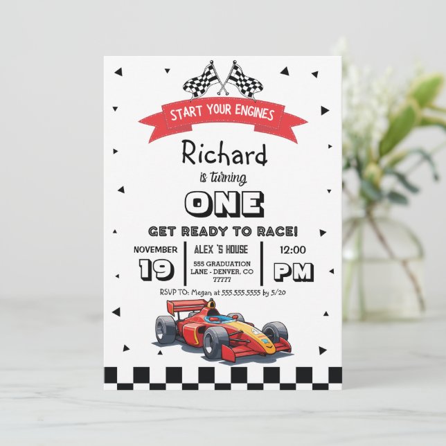 Invitación Cumpleaños de los niños de los coches de Carreras (Anverso de pie)
