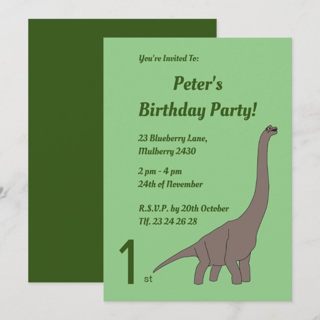 Invitación cumpleaños de los niños de los dinosaurios de cuel (Anverso / Reverso)