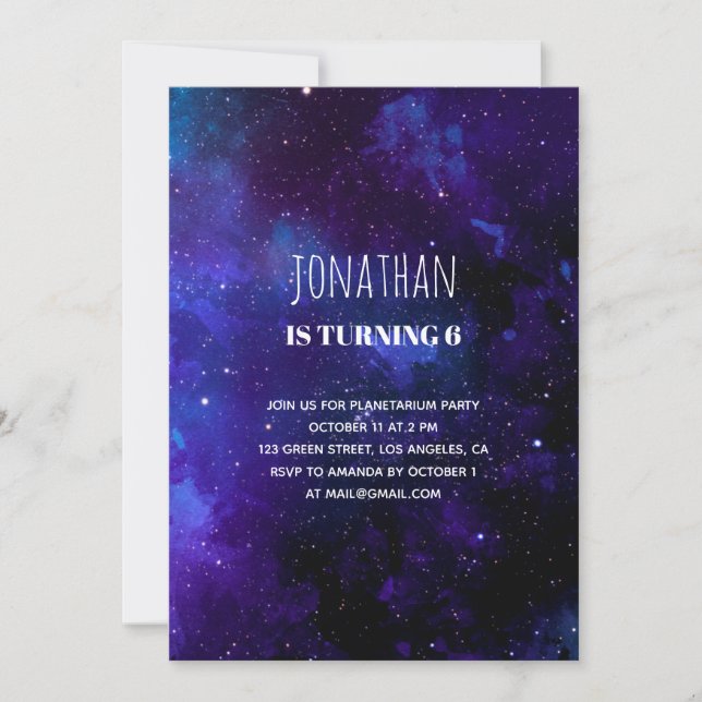 Invitación Cumpleaños de los niños del espacio. Fiesta de pla (Anverso)