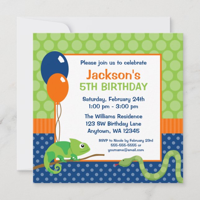 Invitación Cumpleaños de los niños del Punto Polka Reptile (Anverso)