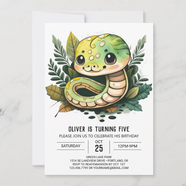 Invitación Cumpleaños de los niños del reptil de serpiente ac (Anverso)
