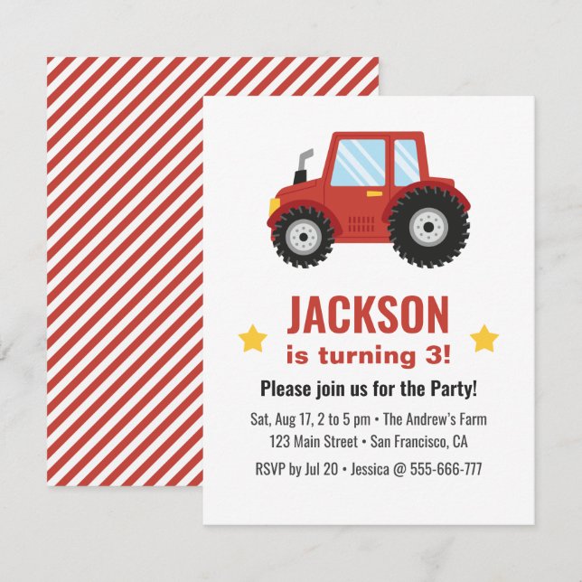 Invitación Cumpleaños de los niños del tractor rojo (Anverso / Reverso)