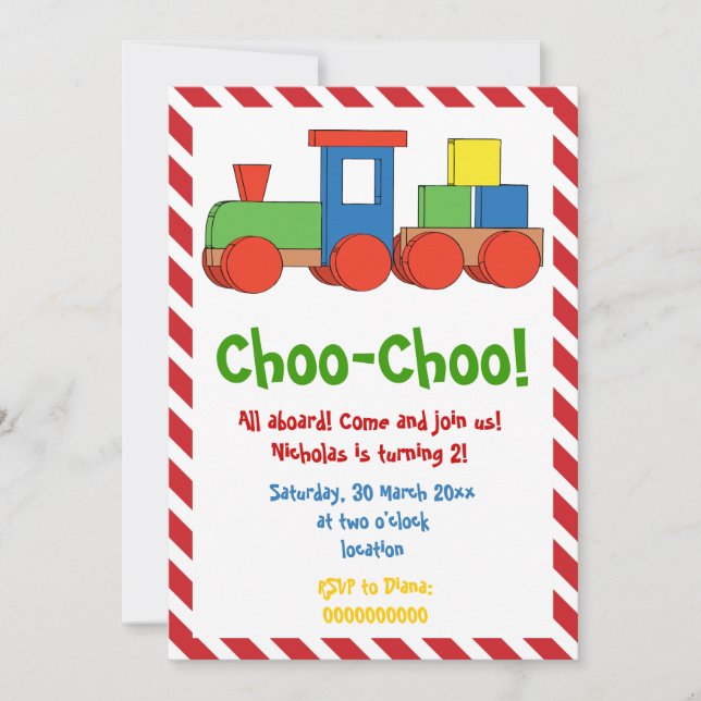 Invitación Cumpleaños de los niños del tren colorido, franjas (Anverso)