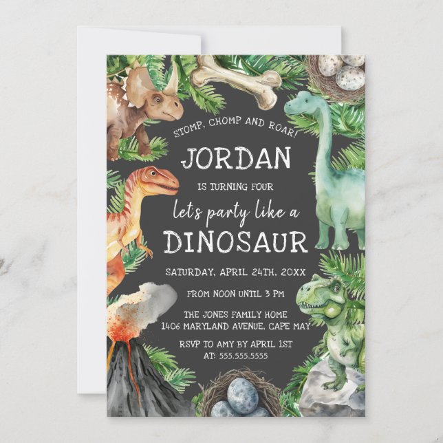 Invitación Cumpleaños de los Niños Dinosaurios (Anverso)