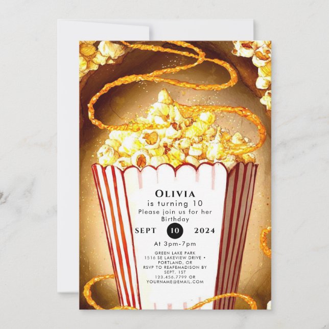 Invitación Cumpleaños de los niños dulces con palomitas de ma (Anverso)