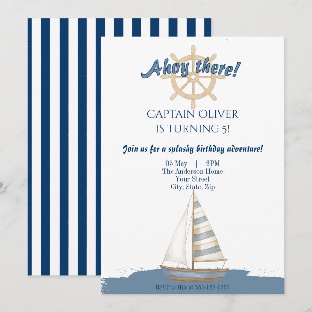 Invitación Cumpleaños de los Niños Náuticos | Navy Blue & Whi (Anverso / Reverso)