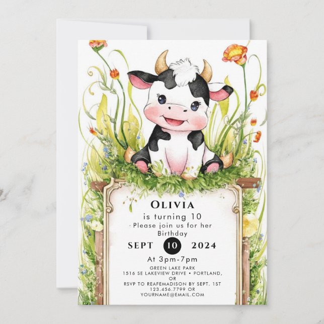 Invitación Cumpleaños de los Niños Pastel Cow (Anverso)