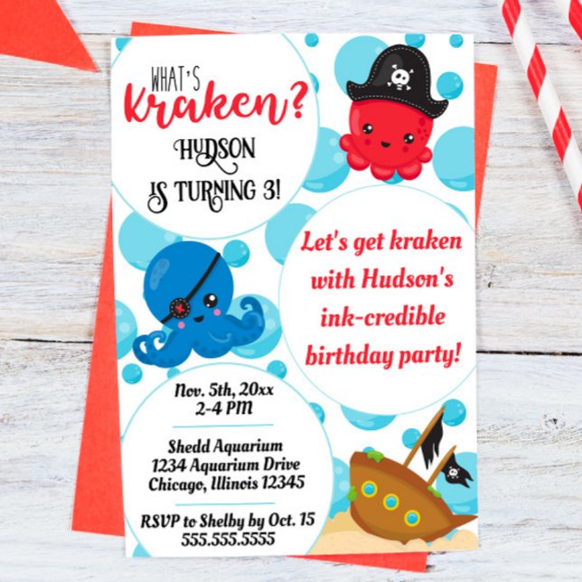 Invitación Cumpleaños de los niños piratas de Octopus "What's ("what's kraken" octopus pirate themed birthday party invitation)