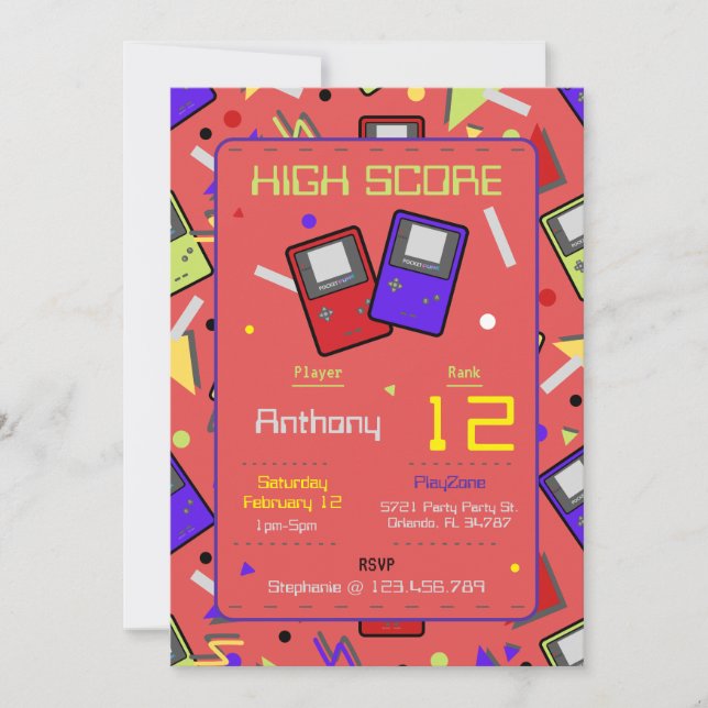 Invitación Cumpleaños de los niños Red Retro Gaming (Anverso)