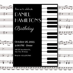 Invitación Cumpleaños de los Pianos en blanco y negro