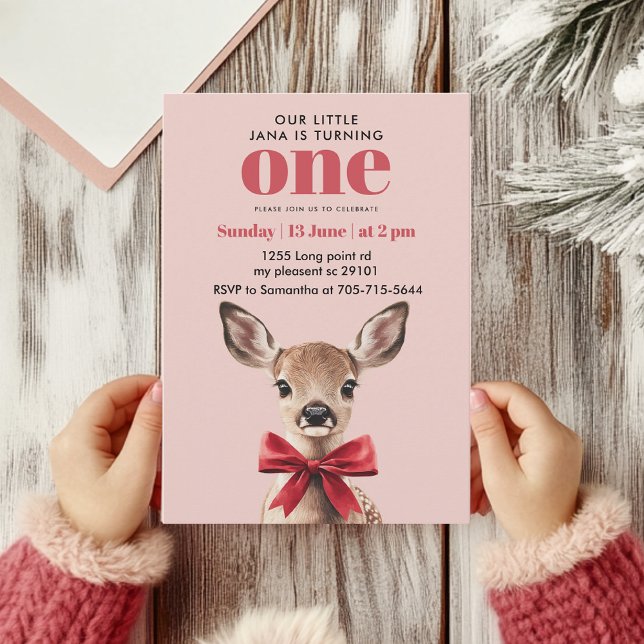 Invitación Cumpleaños de los Pink & Red Deer | Winter Woodlan (Subido por el creador)