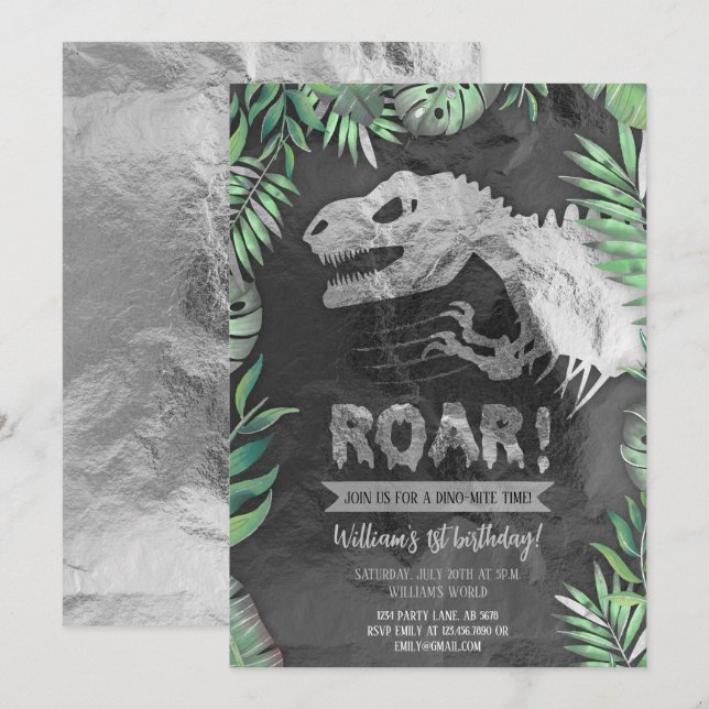 Invitación Cumpleaños de los Roar de los Dinosaurios Plateado (Anverso / Reverso)