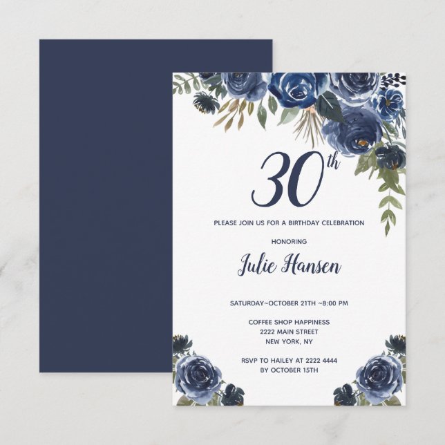 Invitación Cumpleaños de los Rosas Blue de acuarela (Anverso / Reverso)