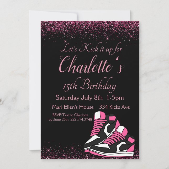 Invitación Cumpleaños de los Sneaker, Purpurina Rosa (Anverso)