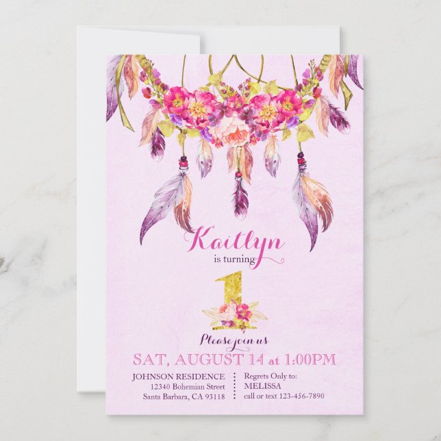 Invitación Cumpleaños de los sueños indios bohemianos (Anverso)