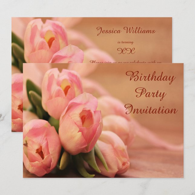 Invitación Cumpleaños de los Tulipanes Rosados Románticos (Anverso / Reverso)