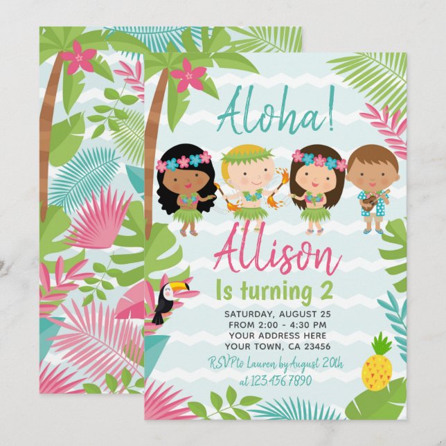 Invitación Cumpleaños de Luau Hawaiian (Anverso / Reverso)