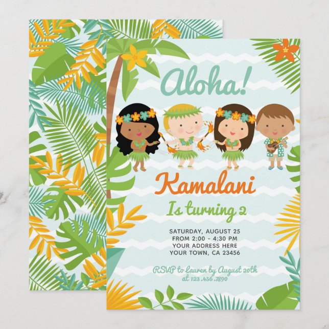 Invitación Cumpleaños de Luau Hawaiian (Anverso / Reverso)