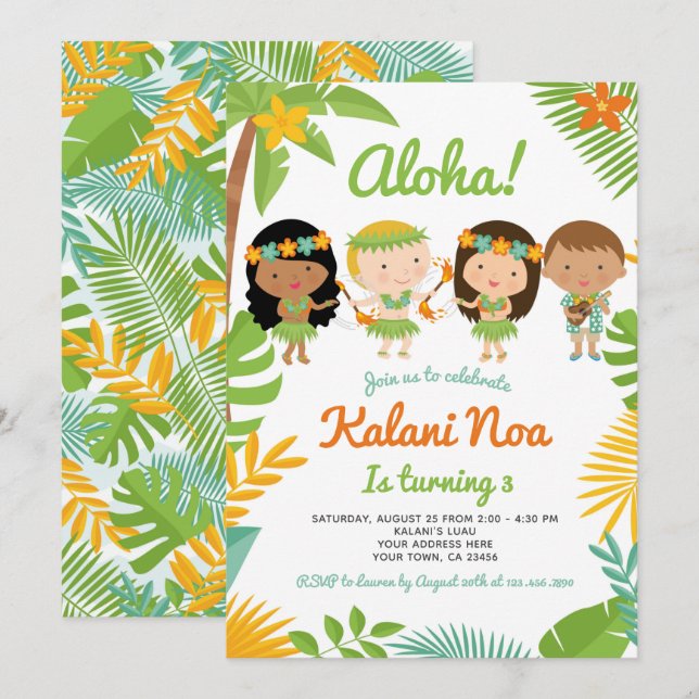 Invitación Cumpleaños de Luau Hawaiian (Anverso / Reverso)