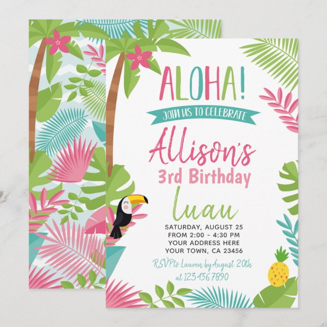 Invitación Cumpleaños de Luau Hawaiian (Anverso / Reverso)