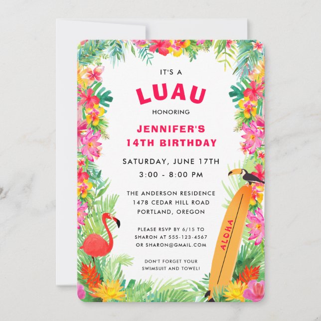 Invitación Cumpleaños de Luau Tropical Hawaiano (Anverso)