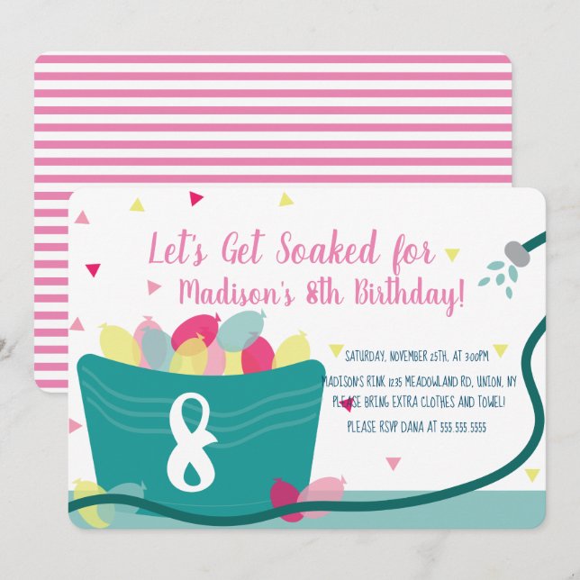 Invitación Cumpleaños de lucha de globos de agua de niñas Ros (Anverso / Reverso)